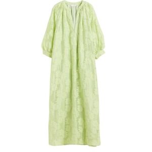 H&M Floral Jacquard Kaftan Maxi Dress Womens Medium Green NEW Puff Sleeve